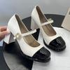 Fashion Summer New Coarse Heel Shoes Women Fashion Round Head Shallow Mouth Splicing Metal Buckle Anti-slip Wear-resistant High Heels