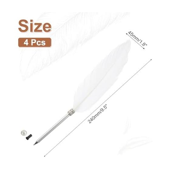 PATIKIL 4pcs Feather Pens, Fluffy Vintage Ink Quill Pens, Elegant Plated Rod, Feather Pen for Calligraphy, Signature, Guest Wedding Gift, White