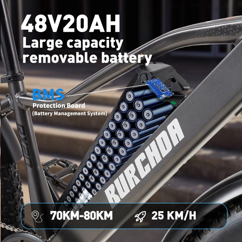 Bicicletta Elettrica Burchad Rx20 Motore di Picco 750W Ruote Grasse 26" Bicicletta Elettrica per Adulti Fuoristrada 48V 20Ah Freni a Doppio Disco 7 Velocità Display LCD