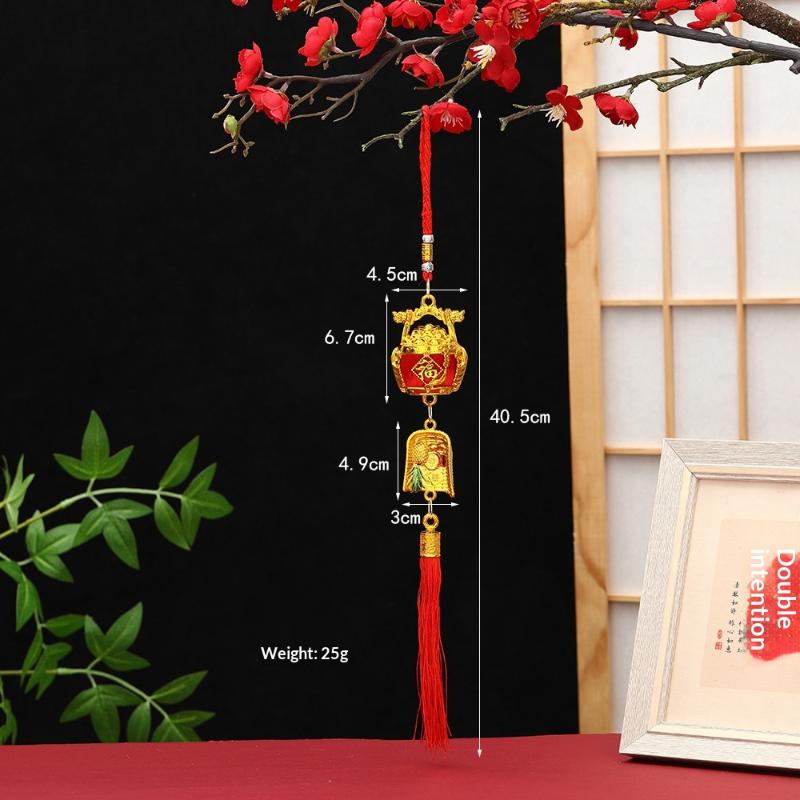 Lunar New Year Lucky Hanging Ornament with Red Tassel Golden Charm Festive Portable Decor for Travel Hotel Room Spring Festival