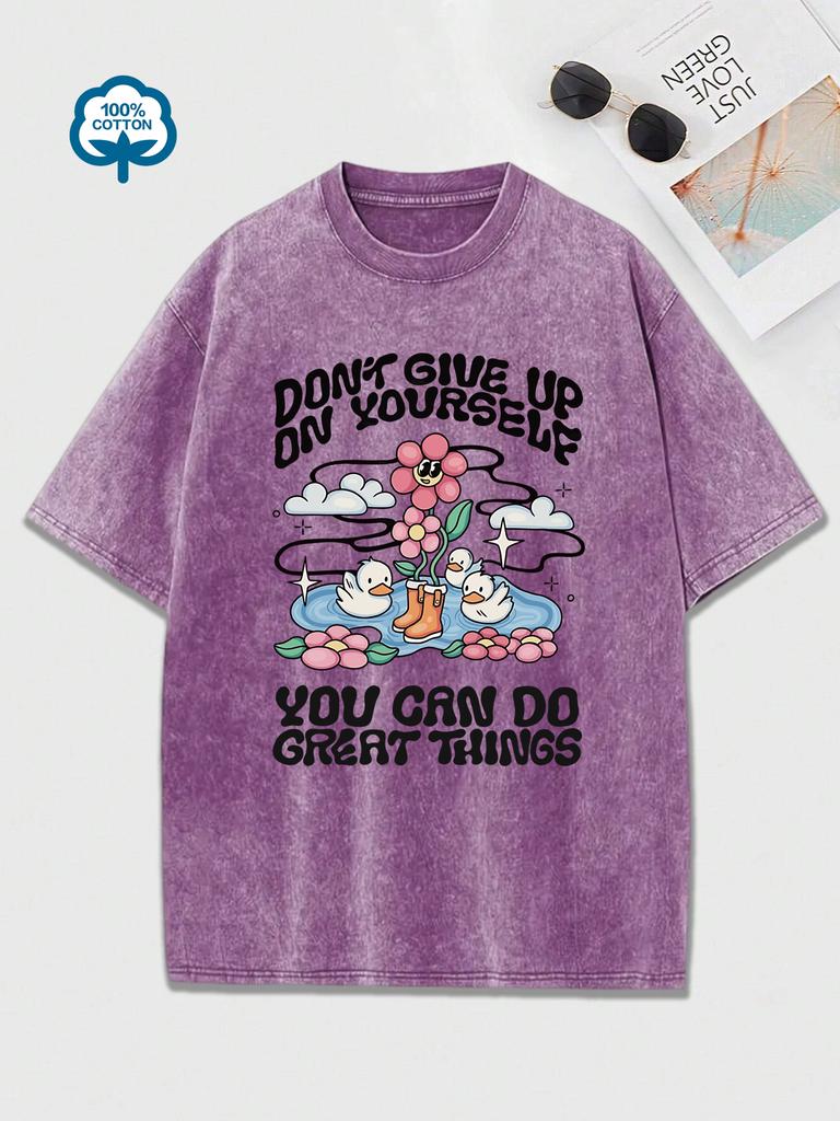 No Te Rindas Contigo Mismo Patos Felices Nadando Estampado Camisetas Lavadas Mujer Algodón Hip Hop Camisetas Tops de Verano Ropa Holgada