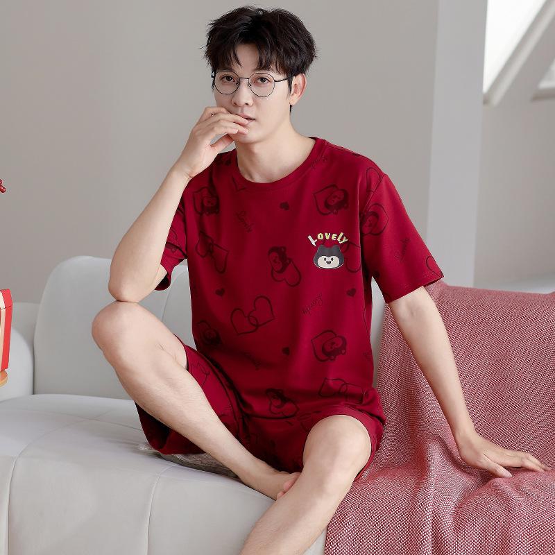 Red Pajamas Couple Summer Wedding Suit Pure Cotton Short-sleeved Men's and Women's Natal Year Cute Thin Wedding Loungewear