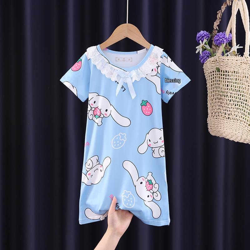 Girls' Summer Princess Lace Pajamas - Frozen Cartoon Nightgown with Short Sleeves KPOP Style Homewear