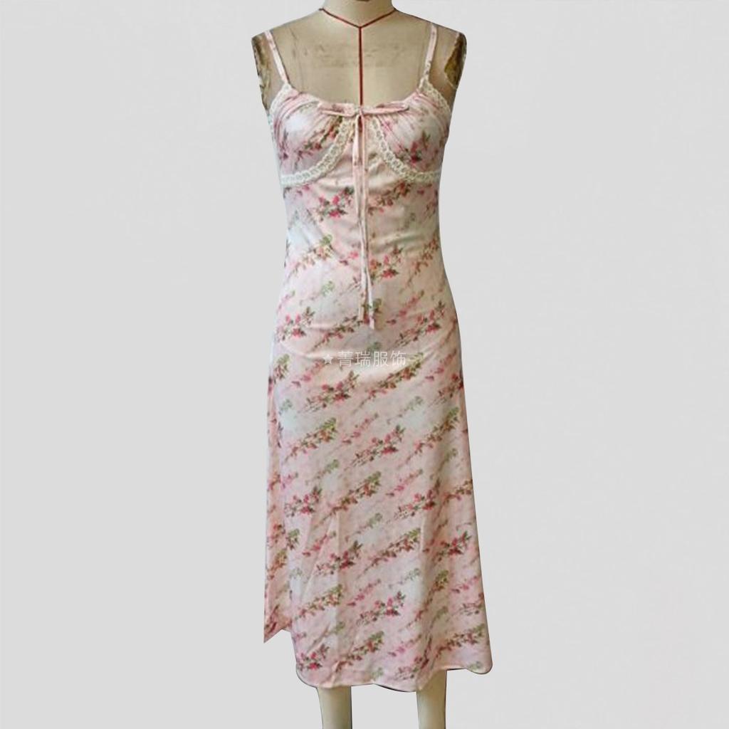 Women's Fresh and Sweet Waist Lace Patchwork Print Halter Dress