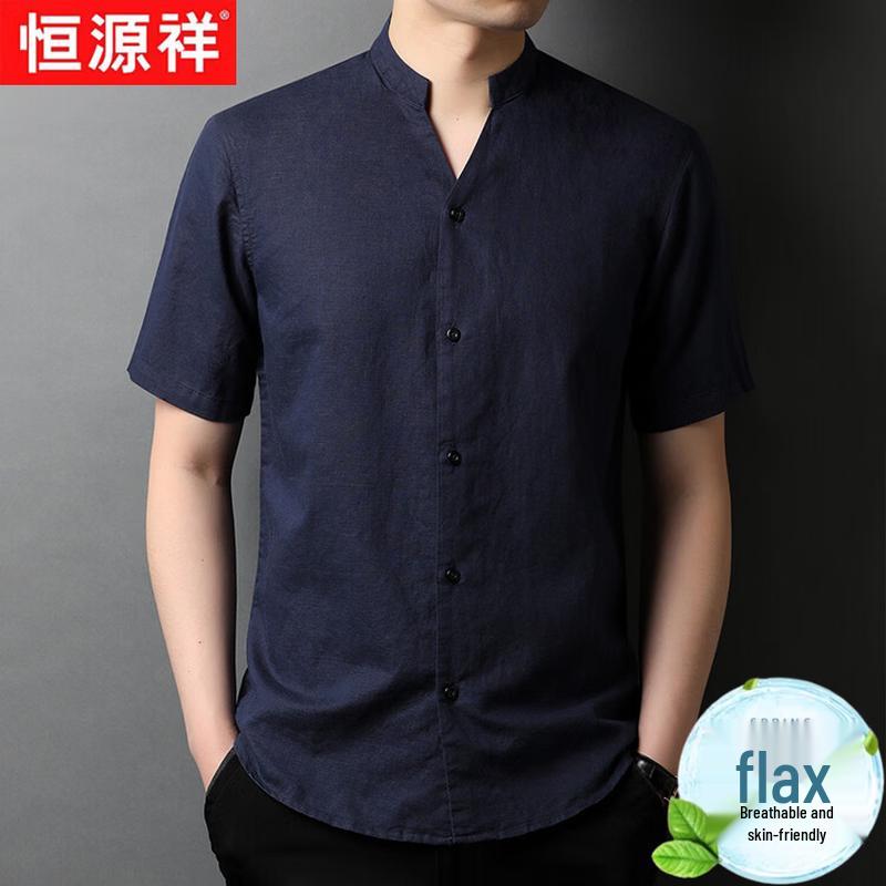 Hengyuanxiang Men s Linen Blend Stand-Collar Short Sleeve Shirt M