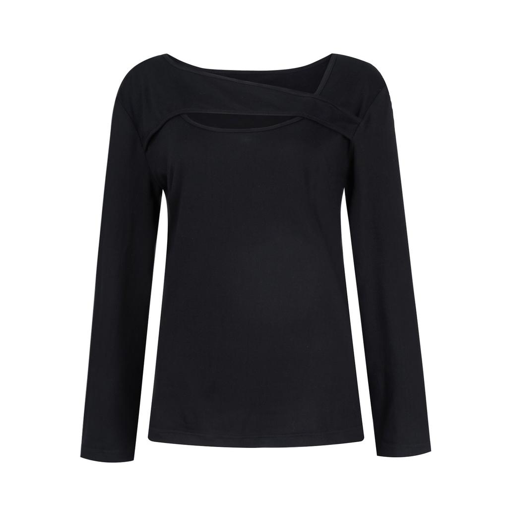 Women's Fashion Solid Color Long Sleeved Sexy Slim Fit T-shirt Hollow Top Bottom