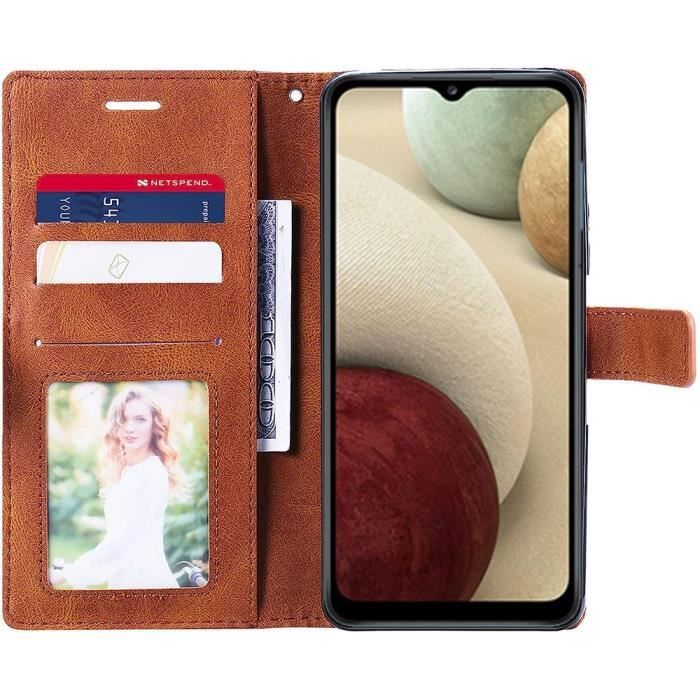 Coque pour Samsung Galaxy A12 - BOOLING - Effet Cuir Marron - Coque de Protection - Silicone, PU - 2 Verres Trempés