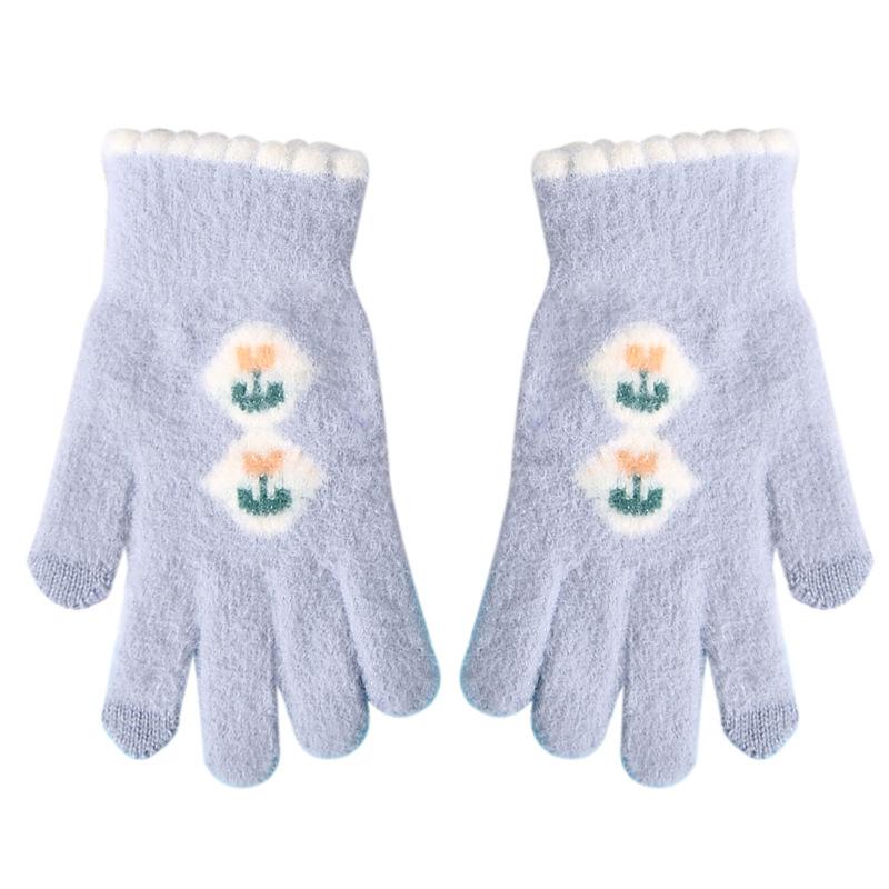 Korean Style Women's Warm Gloves for Autumn and Winter Cold Protection Thickened Knitted Wool Flowers Tulips Cycling Touch Screen Fingers