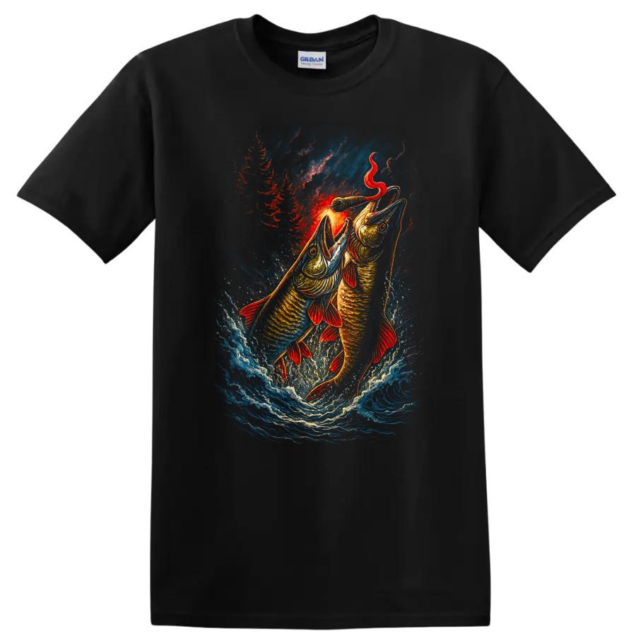 Fishing T Shirt Muskie Catching Big Fish Scene Water Splash Tee