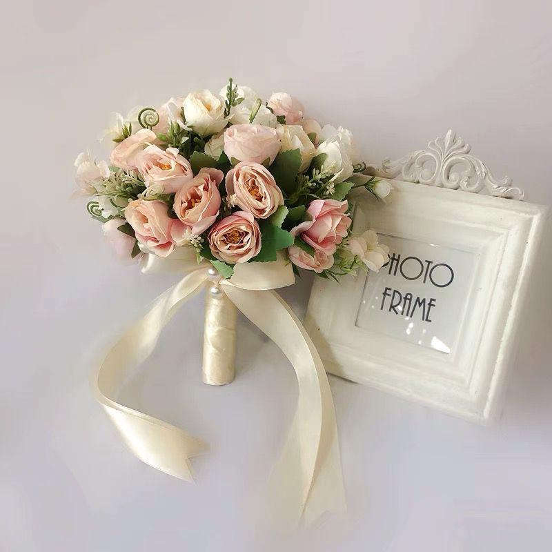 European Style Bridal Bouquet with Small Roses - Pink & White