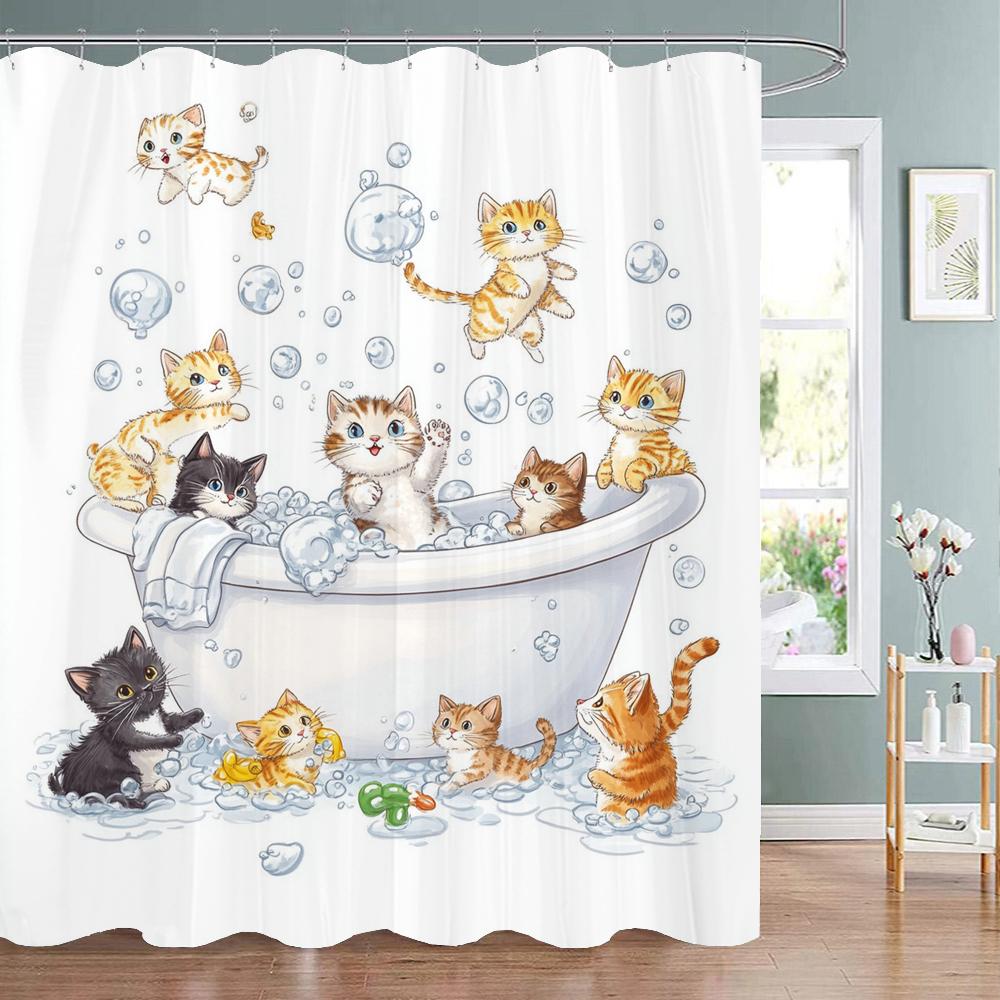 Cartoon Cute Cat Bath in Bathtub Print Shower Curtain for Modern Bathroom Decor, Fabric Washable Home Bath Curtain With Hooks