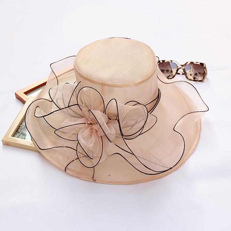 Vintage Organzový Klobouk s Širokou Krempou pro Ženy Klobouk k Církevním Šatům Svatební Klobouk Květinová Síťovina Sluneční Klobouk Párty Plážové Čepice