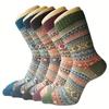 Women's Winter Warm Socks 5 Pair Set - Geometric Pattern, Thick Knitted, Soft Polyester and Spandex Blend, Elastic and Comfortable