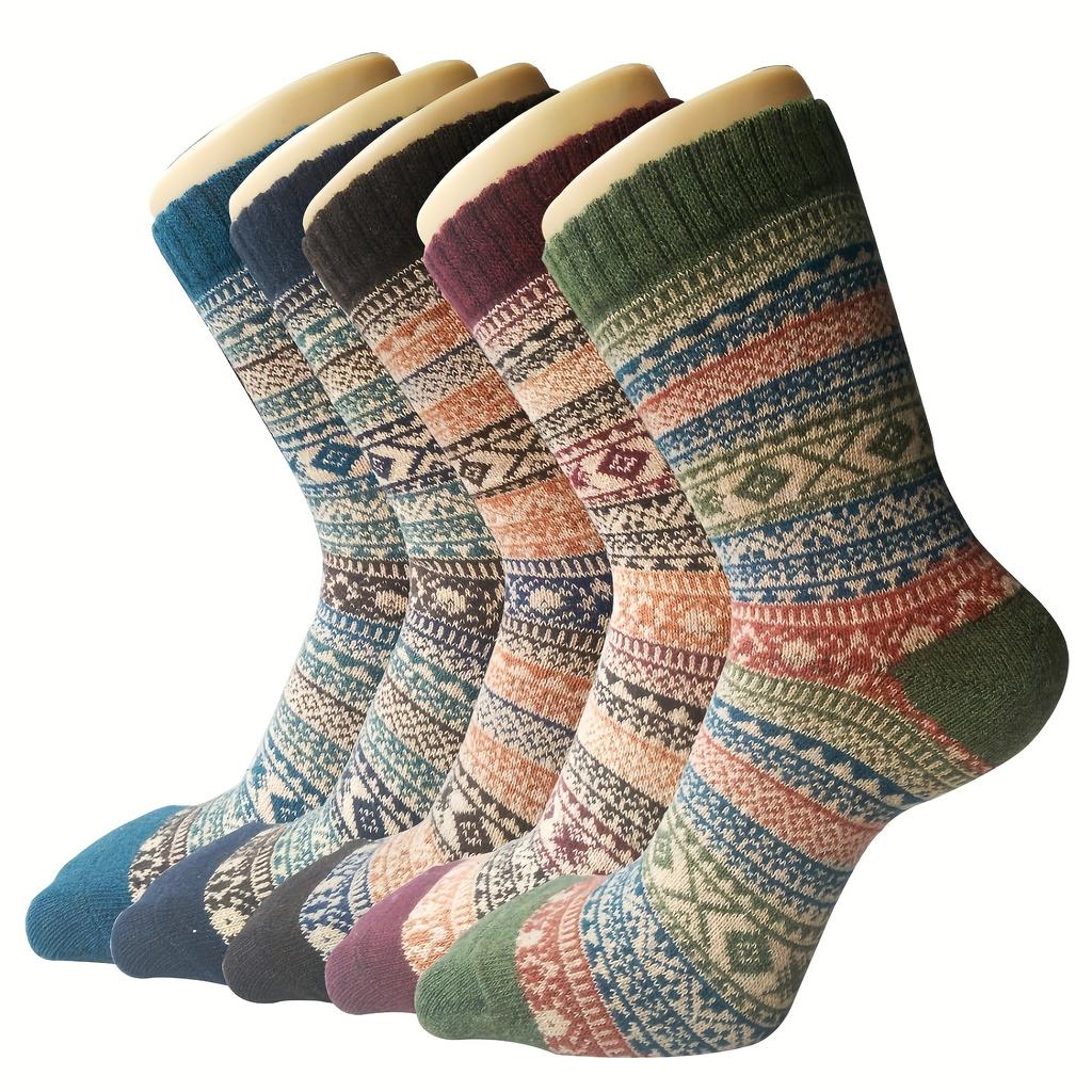 Women's Winter Warm Socks 5 Pair Set - Geometric Pattern, Thick Knitted, Soft Polyester and Spandex Blend, Elastic and Comfortable
