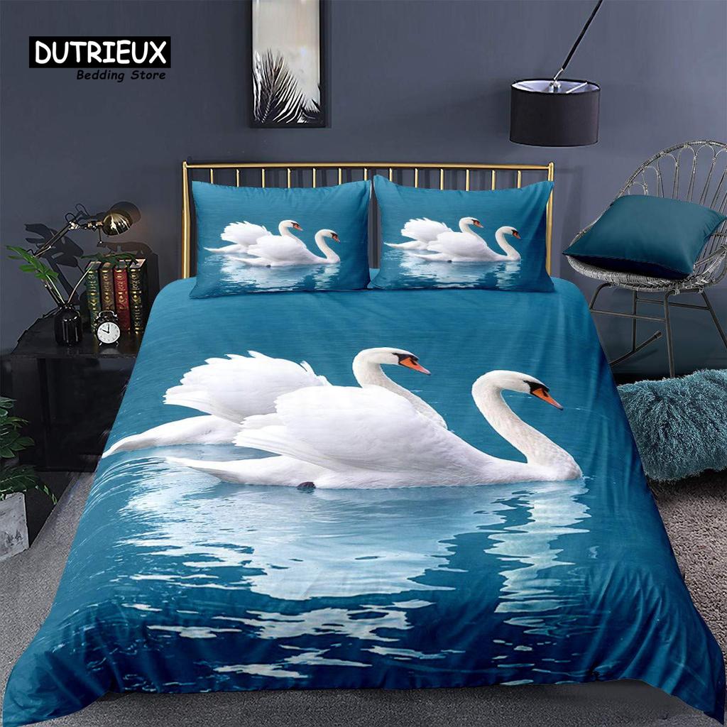 Swan Bedding Set Romantic Flowers Duvet Cover King Birds Wildlife Quilt Cover for Couple Lady Man Wedding Festival Party Decor