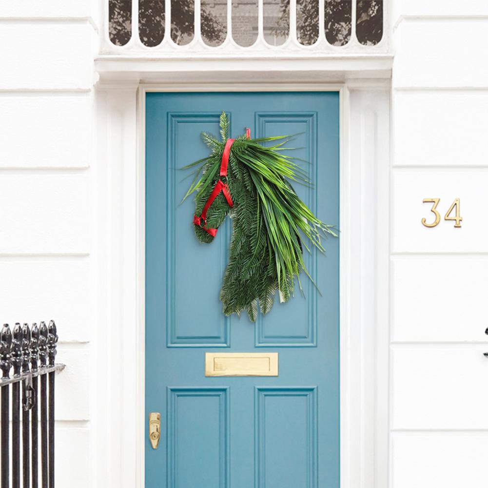 Horse Head Wreath Rustic Farmhouse Equestrian Front Door Decor Artificial Pine Branches Wreath with Red Ribbon for Wall Decor