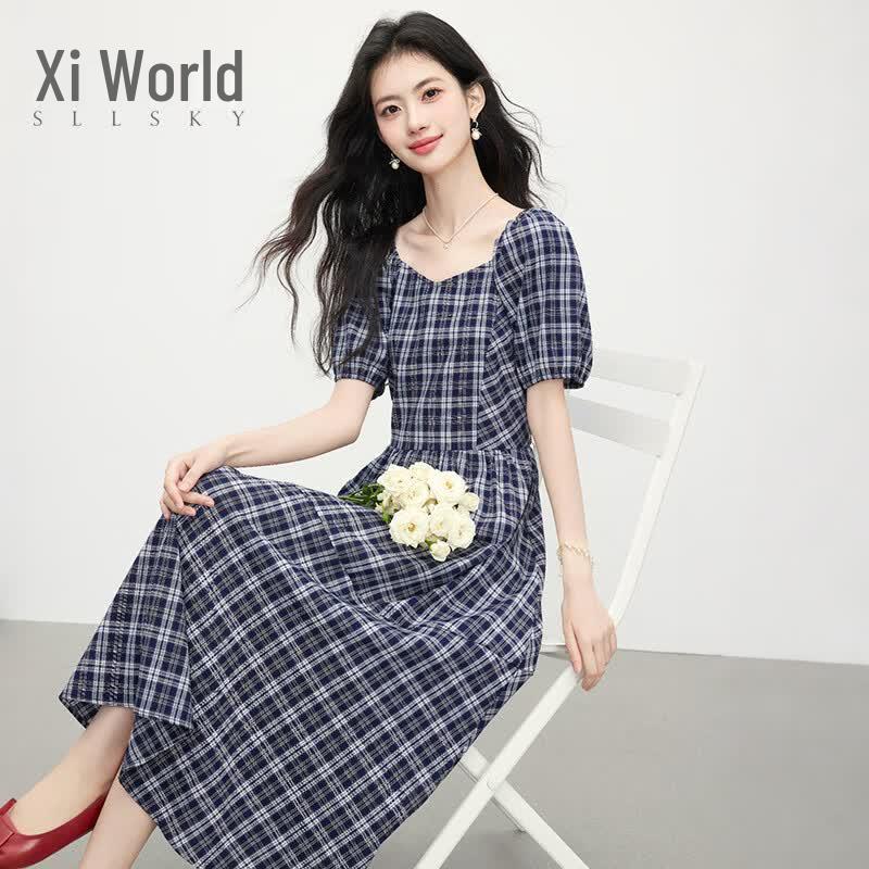 French Retro Plaid Puff Sleeve Midi Dress M