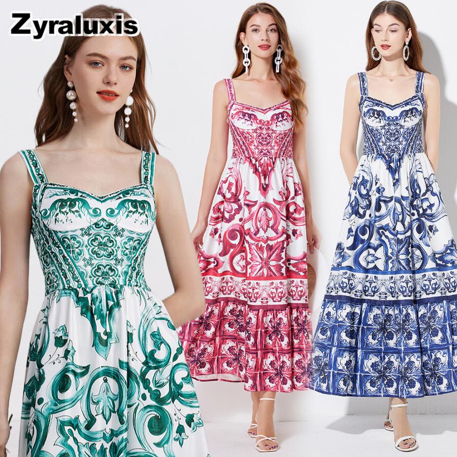 Urlaubsstil Blau-Weiß Porzellan Elegantes Neckholder Langes Kleid Sommer Neue Ankünfte Taillenbetont Plissiert Bedrucktes Kleid