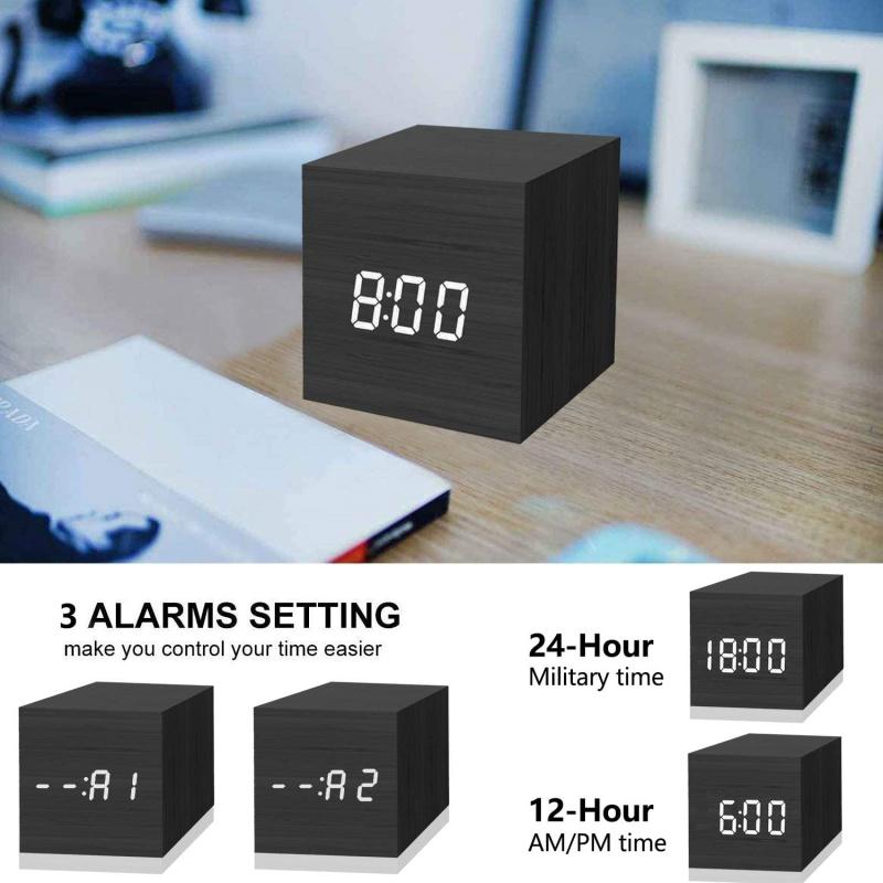 Voice Control Wooden Digital Alarm Clock TEMP Date 3 Alarms Desktop Electronic Table Clock 12/24H USB Powered LED Bedside Clock