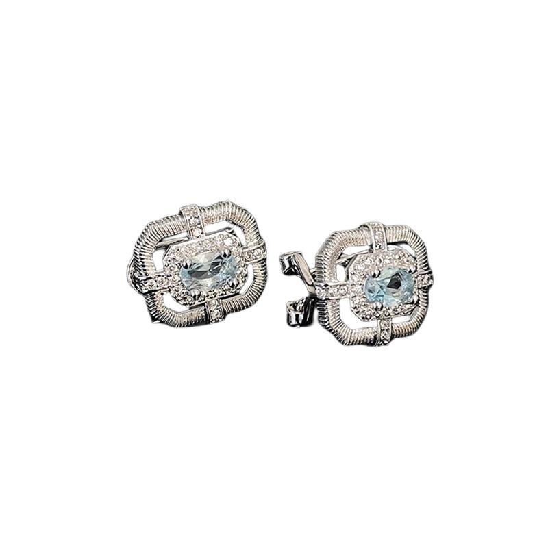 Orecchini a Bottone Aquamarina da Donna, Design di Nicchia Lussuoso Spazzolato Retrò, Incastonati con Diamanti, Personalizzati, di Fascia Alta