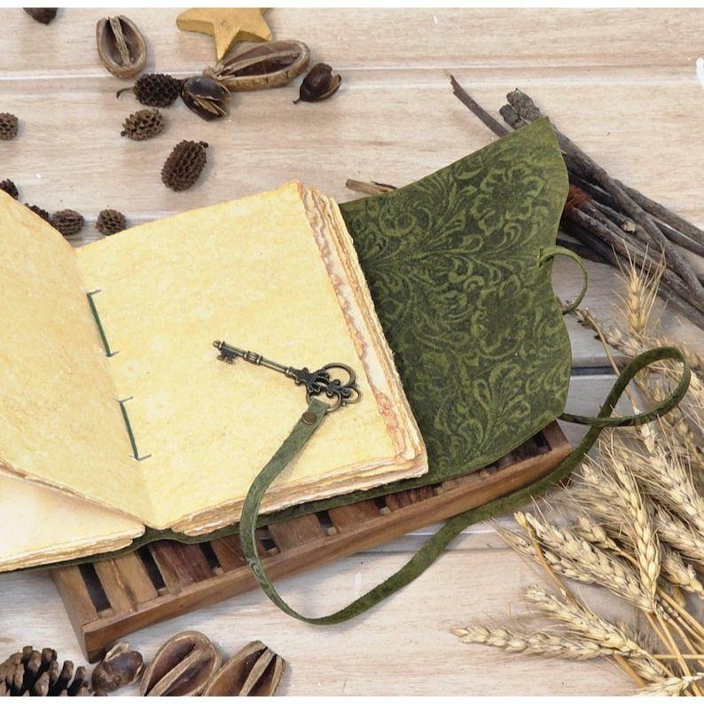 Embossed Green Leather Journal: Floral Spell Book, Deckle Edge Paper