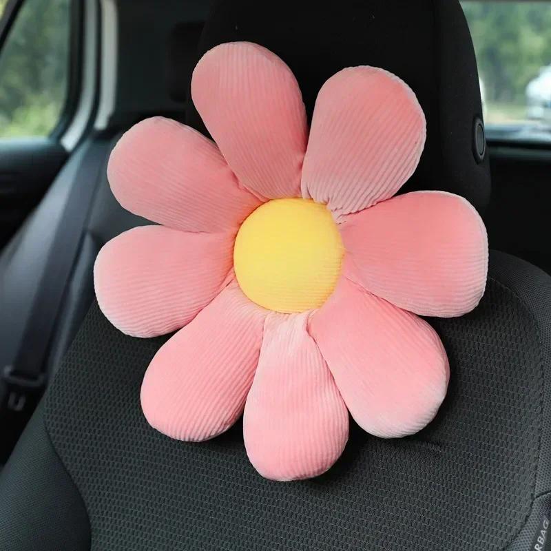 Cute Flower Car Neck Pillow Cushion Soft Car Headrest Waist Pillow Safety Seat Belt Shoulder Pad Car Accessories for Girls Women
