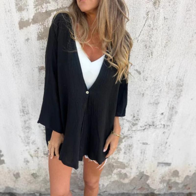 Women Black Solid Color V Neck One Button Long Sleeve Open Front Cardigan S чёрный