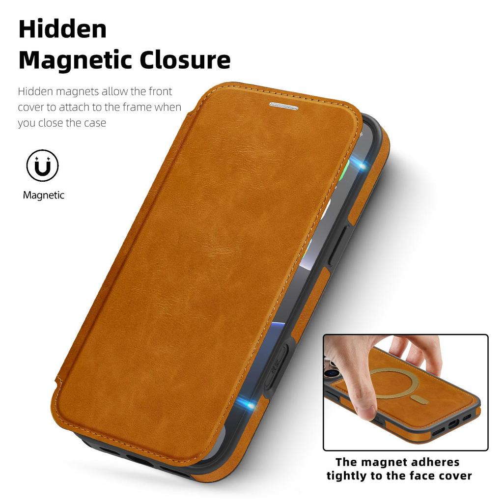 iPhone 16 Leather Flip Case with Magnetic Buckle for Apple 15 Pro Max - Drop Protection Cover