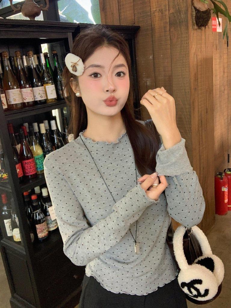 Women's Polka Dot Fleece-Lined Long-Sleeve Base Layer Shirt - Korean Style Winter Top