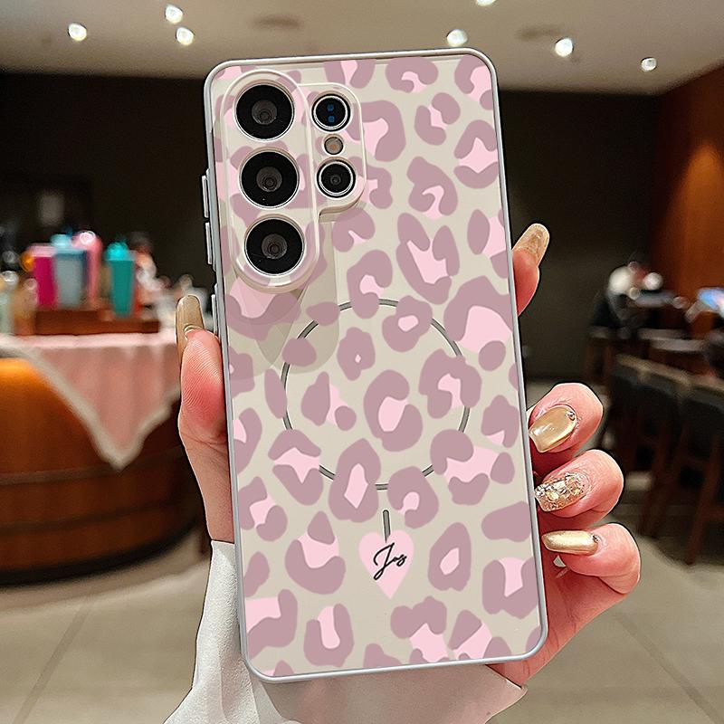 Magnetic For Magsafe Case For Samsung Galaxy S26 Ultra S25 Edge S24 Plus S23 FE S22 A54 A55 A56 5G Pink Leopard Print Matte Cover
