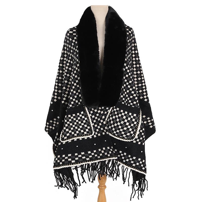 

Маленький клетчатый меховой воротник, вязаная накидка, теплая шаль с длинными рукавами и бахромой, фиксированная ромбовидная утолщенная шаль, пончо 65*180cm чёрный