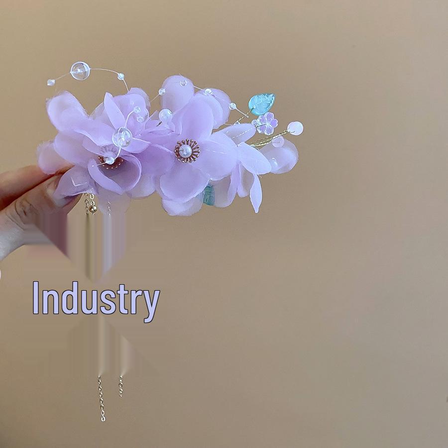 Fairy Chiffon Pearl Flower Tassel Hair Clip - Vacation Style Duckbill Bangs Accessory