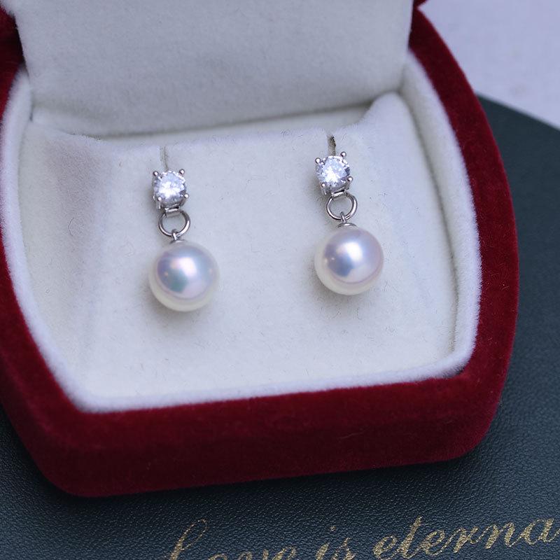 Серьги-пусеты и серьги-подвески с пресноводным круглым жемчугом 8-9 мм, серебро S925, стиль  Принцесса