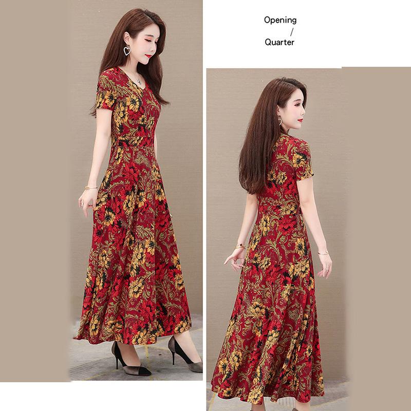 Verano Mujer De Manga Corta Vestido de Mujer Cuello en V Vestido Largo  Estampado Slim Fit Thin Large Swing Vestido A-lineA Cintura Vestido Tejido  de Arroz Es Suave y Ligero comprar a