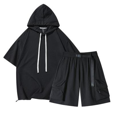 Hooded Ice Silk Short Sleeved Set for Men's Summer Quick Drying Thin Style, Youth Summer Simple Two-piece Set
