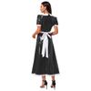 Women French Maid Dress Satin Lapel Collar Lace Trim Short Sleeve Wet Look PU Maxi Apron Costume