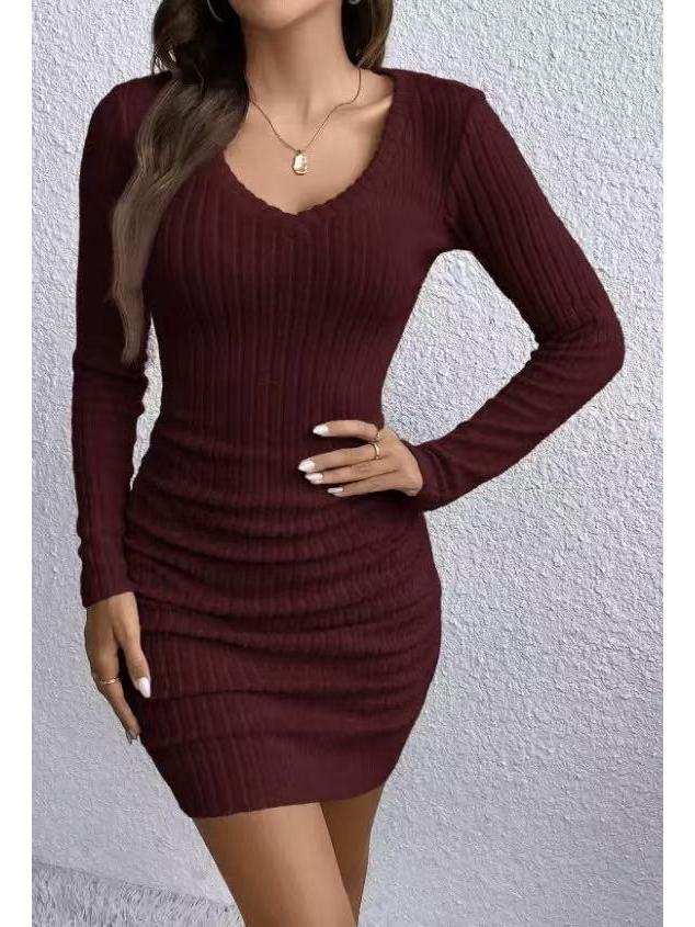 2026 European & American Slim-Fit Ribbed V-Neck Long-Sleeved Hip-Hugging Dress for Spring & Autumn