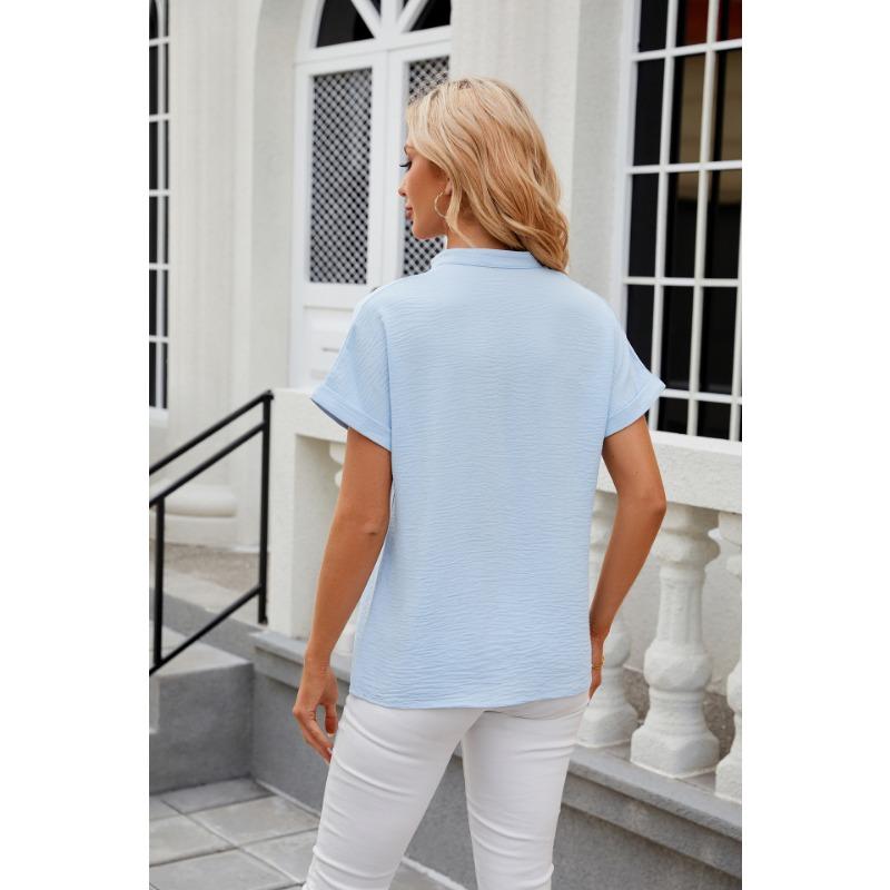 Summer Women's Shirt Solid Color V-neck Short-sleeved Shirt Loose Casual Chiffon Shirt