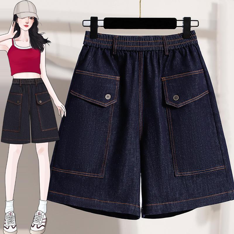 

DIMANAF 2026 New Spring Summer Plus Size Women Short Pants Jeans Elastic Waist Cotton Oversize Shorts Denim Solid 5XL темно-синього кольору