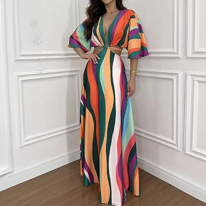 European American Women s Clothing Ethnic Style Printed Bat Sleeves Waist Strap Dress L