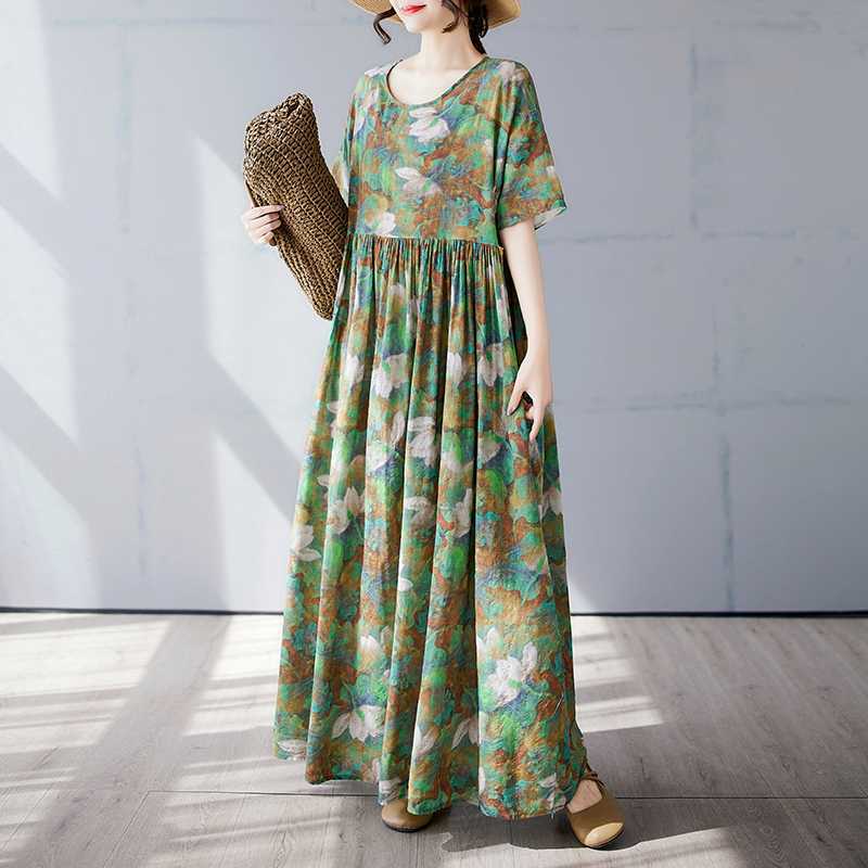 

Модная длинная юбка летнее платье с коротким рукавом и круглым вырезом с принтом One size