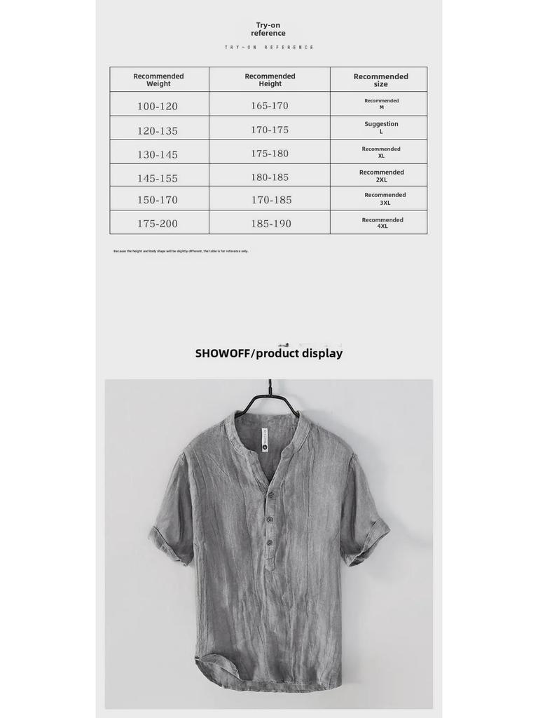 Men's Retro Summer Linen V-Neck T-Shirt - Short-Sleeve, Stand-Up Collar, Breathable & Lightweight