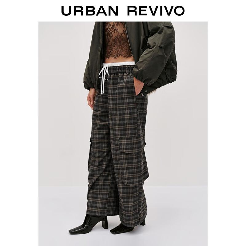UR2025 Women's Split Waist Drawstring Retro Plaid Wide-Leg Pants