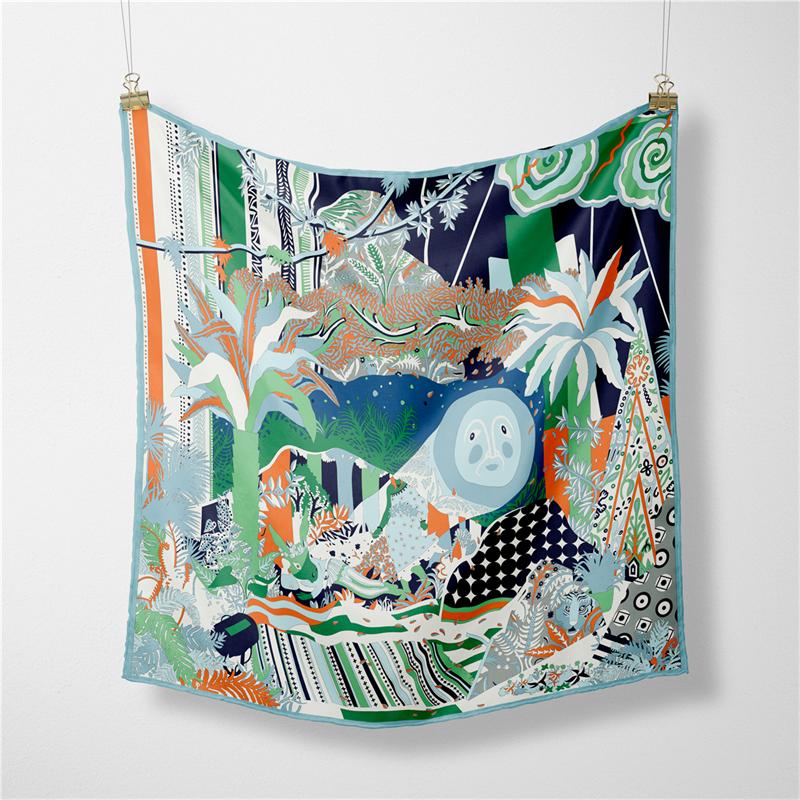 Twill Silk Scarf Woman Sun Foreast Painting Square Scarves Wraps Bandana Small Hijab Silk Foulards Tie Headband Neckerchief 53CM