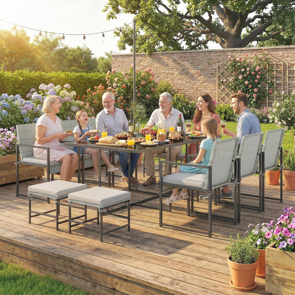 11-Piece Patio Dining Set, Outdoor Furniture With 6 Armchairs, 4 Poufs, Grey