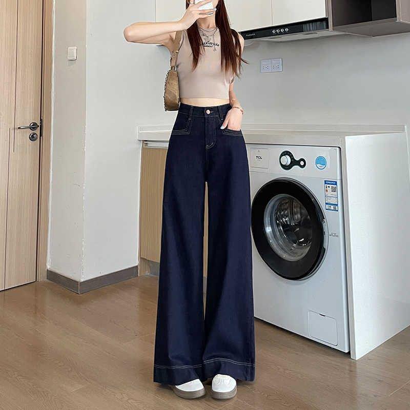 

Women s High Waist Deep Blue Wide Leg Jeans - Spring/Autumn Straight Leg Slimming Floor-Length Pants Double Extra Large серый/синий