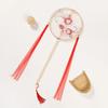 Children's Hanfu Catwalk Round Fan: Ancient Style Embroidered Long Handle Dance Fan with Ribbon