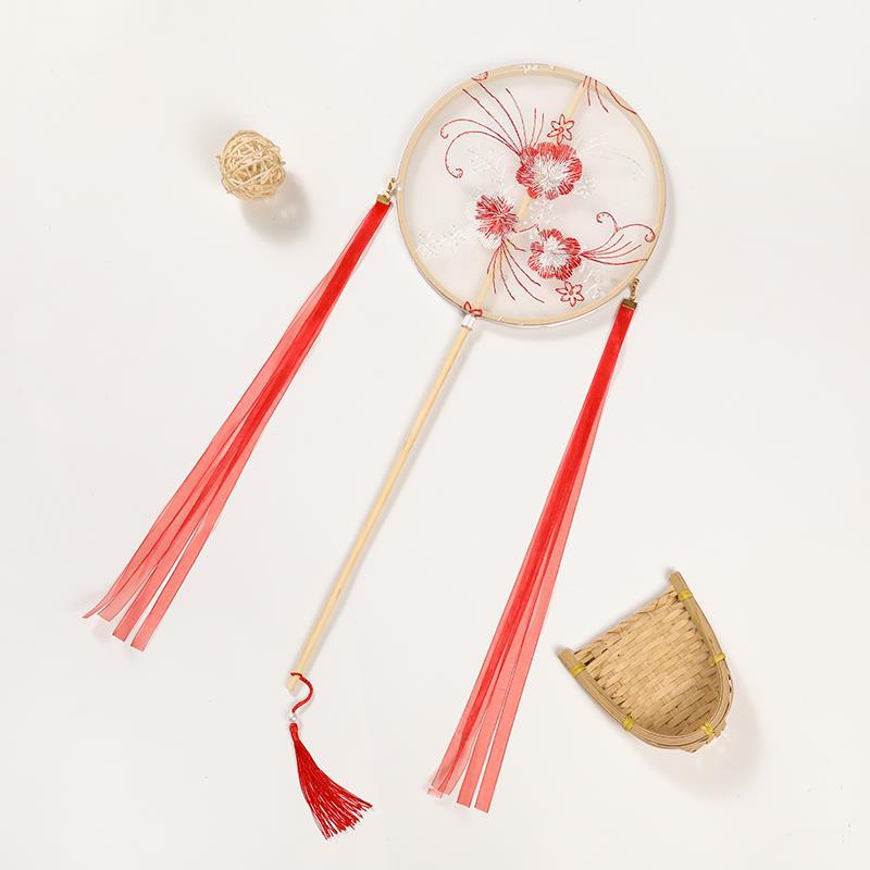 Children's Hanfu Catwalk Round Fan: Ancient Style Embroidered Long Handle Dance Fan with Ribbon
