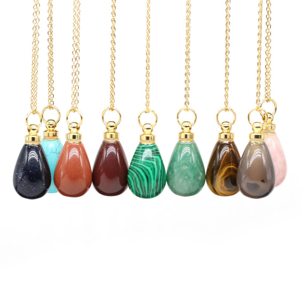 1Pc, Crystal Perfume Bottle Pendant Necklace - Natural Stone Charms with Golden Chain | Boho Chic Jewelry, Gifts for Her, Women's Fashion Accessories