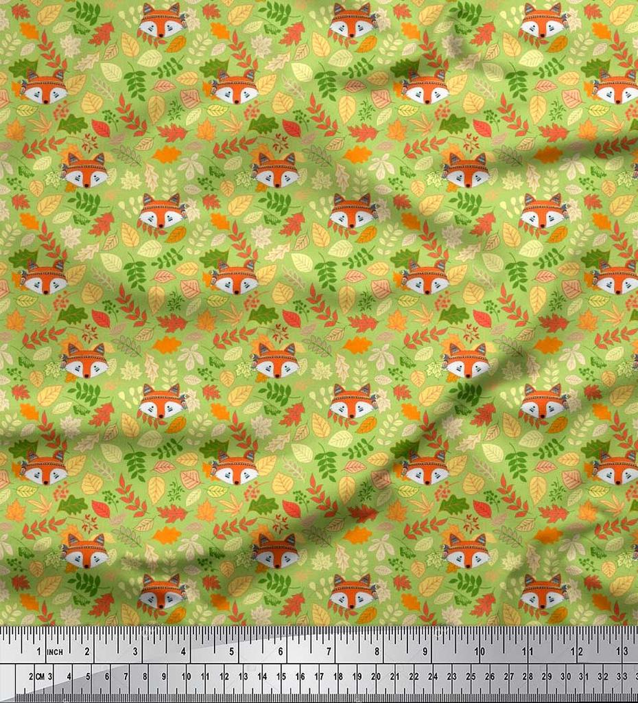 Soimoi Japan Crepe Satin Fabric Leaves & Fox Face Cartoon Printed Craft Fabric by the Metre 42 Inch